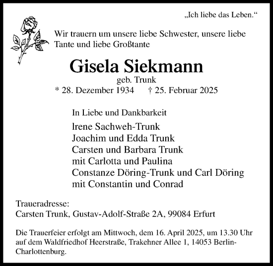 Traueranzeige von Gisela Siekmann von Göttinger Tageblatt