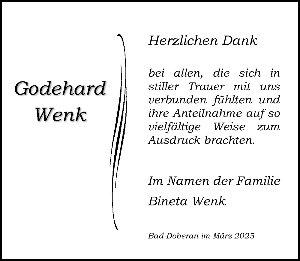  Traueranzeige für Godehard Wenk vom 29.03.2025 aus Ostsee-Zeitung GmbH