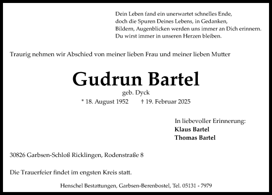 Traueranzeige von Gudrun Bartel von Hannoversche Allgemeine Zeitung/Neue Presse