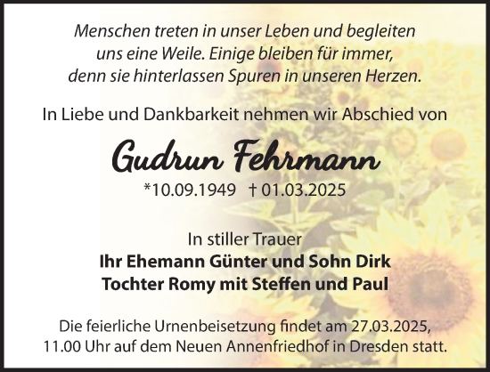 Traueranzeige von Gudrun Fehrmann von Sächsische Zeitung