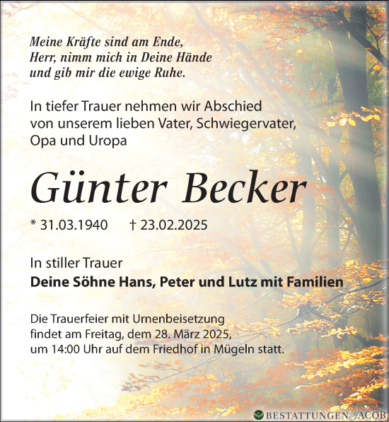 Traueranzeige von Günter Becker von Leipziger Volkszeitung