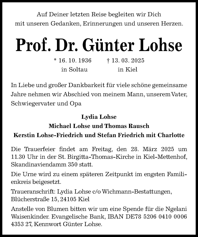  Traueranzeige für Günter Lohse vom 22.03.2025 aus Kieler Nachrichten