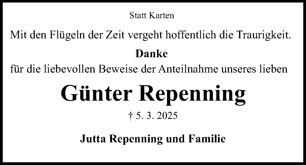  Traueranzeige für Günter Repenning vom 29.03.2025 aus Kieler Nachrichten