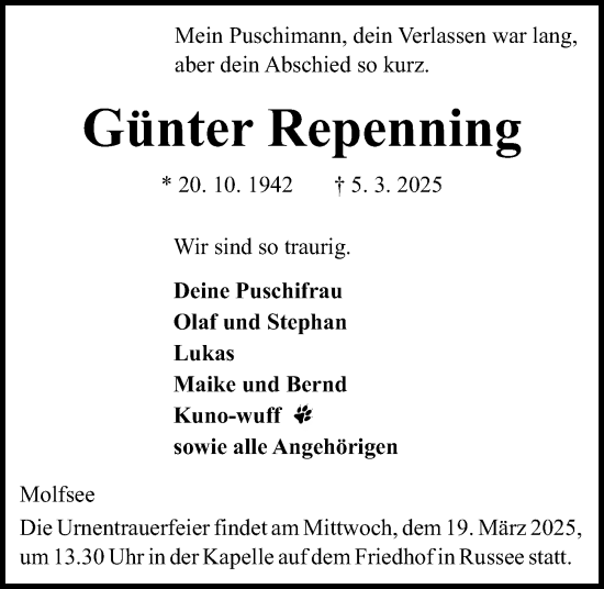 Traueranzeige von Günter Repenning von Kieler Nachrichten