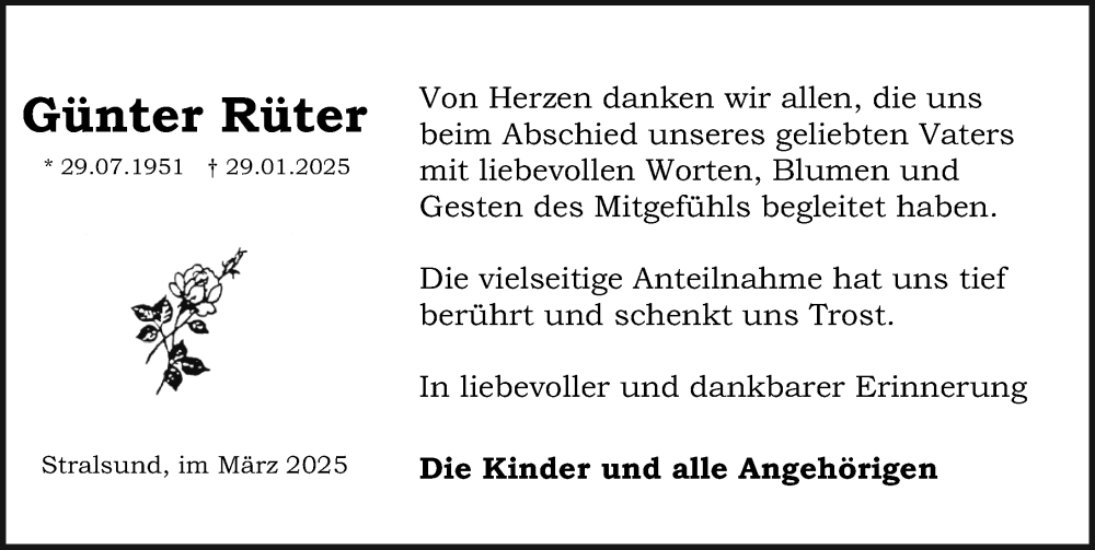  Traueranzeige für Günter Rüter vom 15.03.2025 aus Ostsee-Zeitung GmbH