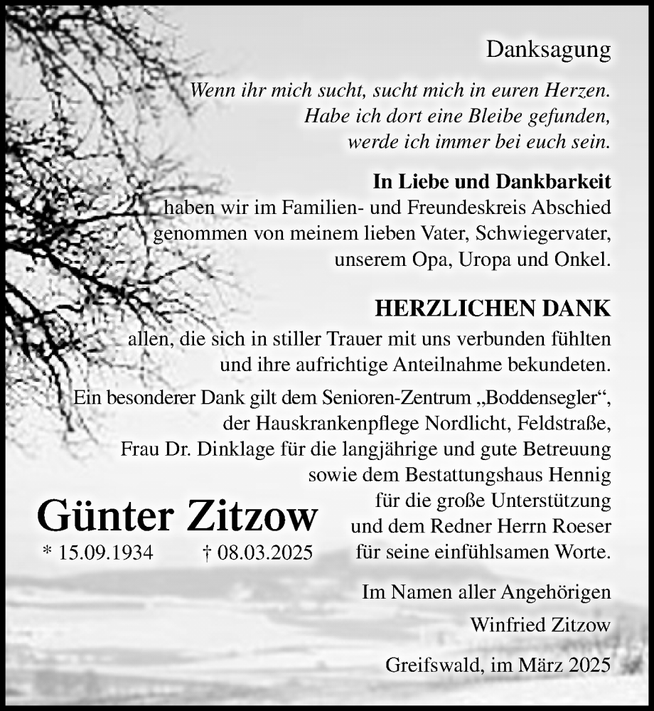  Traueranzeige für Günter Zitzow vom 29.03.2025 aus Ostsee-Zeitung GmbH