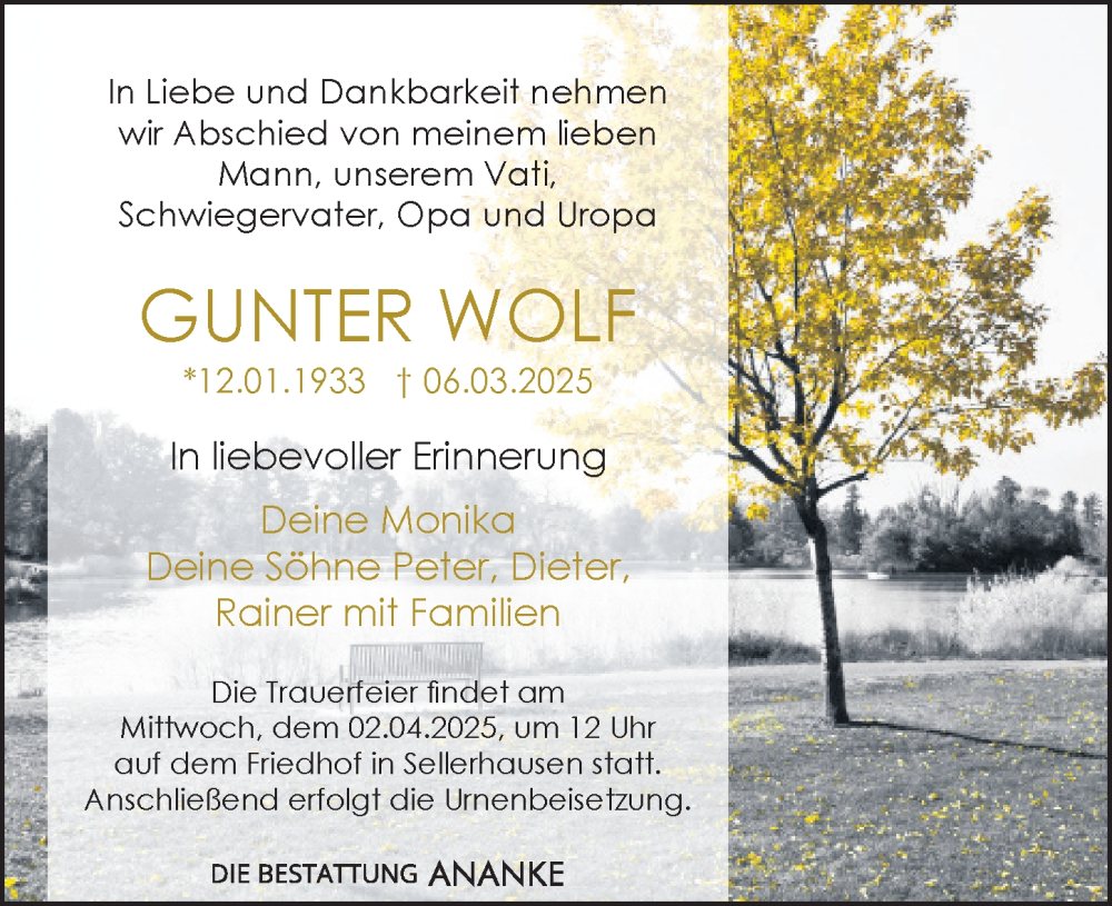  Traueranzeige für Gunter Wolf vom 22.03.2025 aus Leipziger Volkszeitung