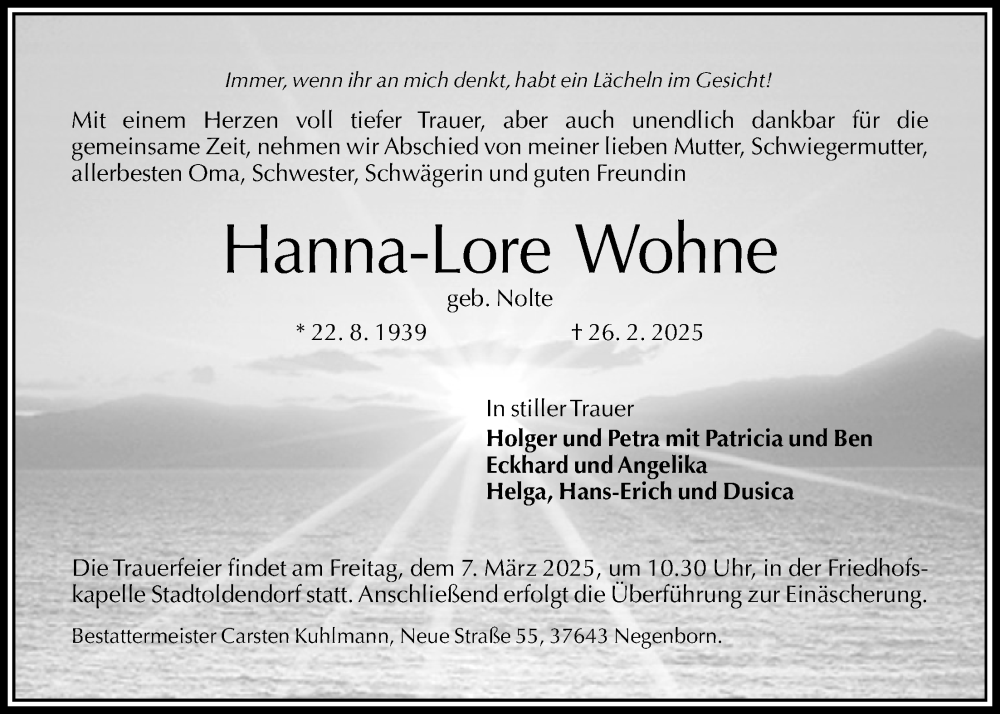  Traueranzeige für Hanna-Lore Wohne vom 01.03.2025 aus Täglicher Anzeiger Holzminden