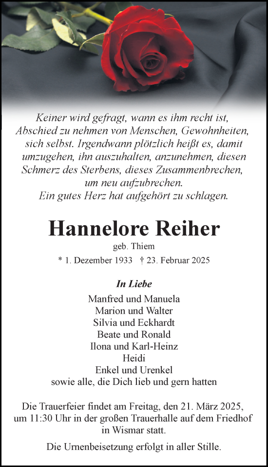 Traueranzeige von Hannelore Reiher von Ostsee-Zeitung GmbH