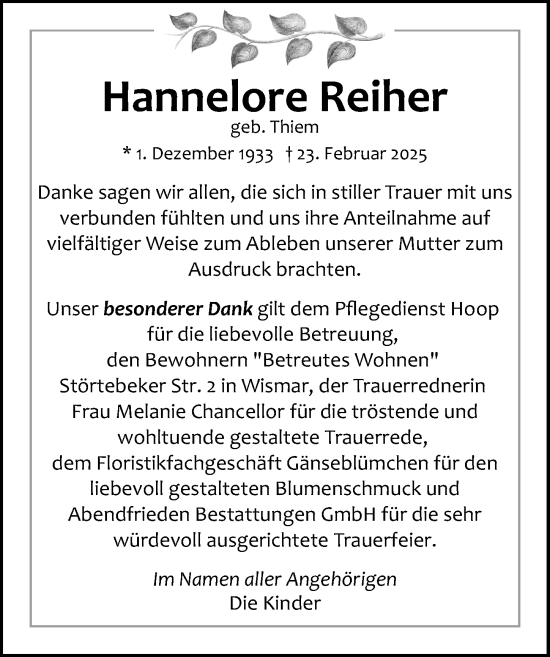 Traueranzeige von Hannelore Reiher von Ostsee-Zeitung GmbH