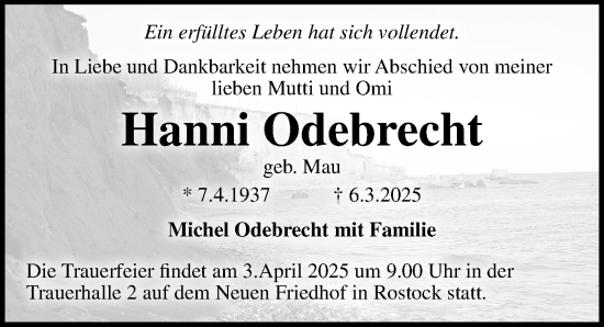 Traueranzeige von Hanni Odebrecht von Ostsee-Zeitung GmbH
