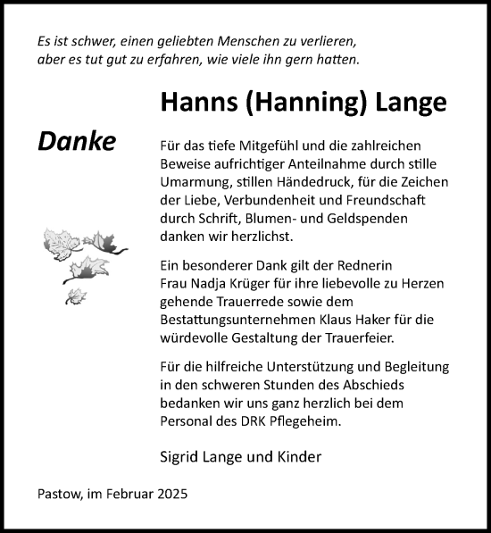 Traueranzeige von Hanns Lange von Ostsee-Zeitung GmbH