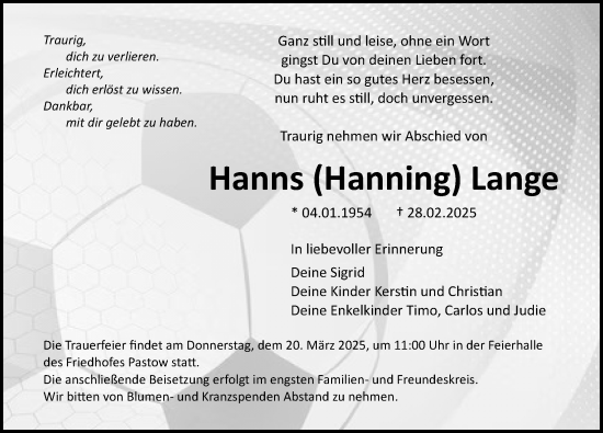 Traueranzeige von Hanns Lange von Ostsee-Zeitung GmbH
