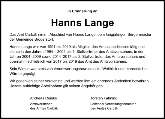 Traueranzeige von Hanns Lange von Ostsee-Zeitung GmbH