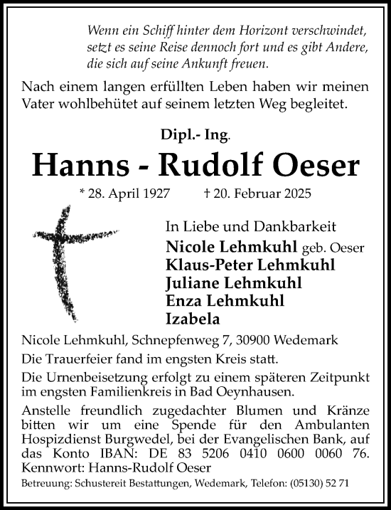 Traueranzeige von Hanns-Rudolf Oeser von Hannoversche Allgemeine Zeitung/Neue Presse
