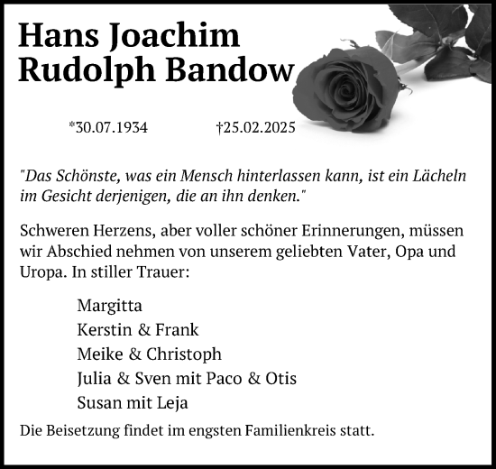 Traueranzeige von Hans  Bandow von Ostsee-Zeitung GmbH