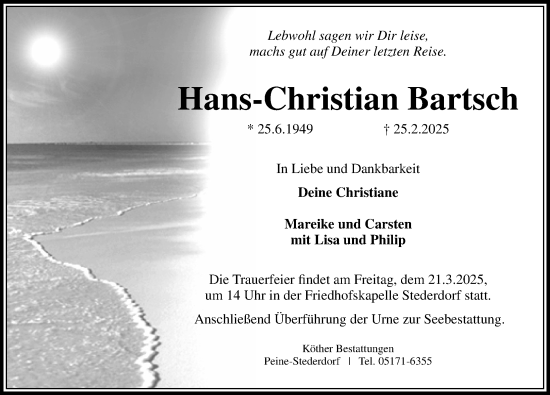 Traueranzeige von Hans-Christian Bartsch von Peiner Allgemeine Zeitung