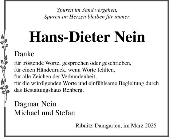 Traueranzeige von Hans-Dieter Nein von Ostsee-Zeitung GmbH