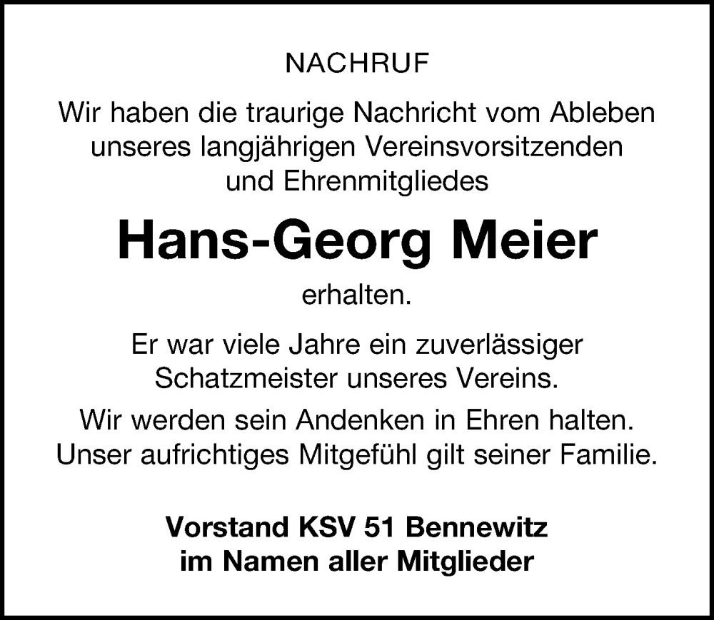  Traueranzeige für Hans-Georg Meier vom 22.03.2025 aus Leipziger Volkszeitung