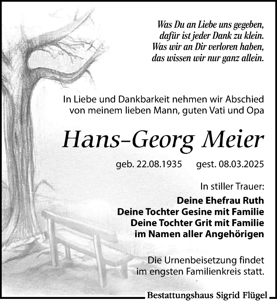  Traueranzeige für Hans-Georg Meier vom 15.03.2025 aus Leipziger Volkszeitung