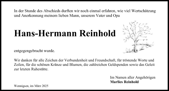 Traueranzeige von Hans-Hermann Reinhold von Hannoversche Allgemeine Zeitung/Neue Presse