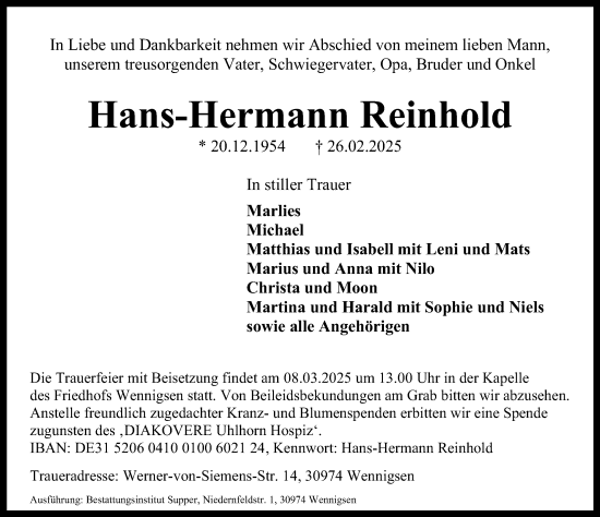 Traueranzeige von Hans-Hermann Reinhold von Hannoversche Allgemeine Zeitung/Neue Presse