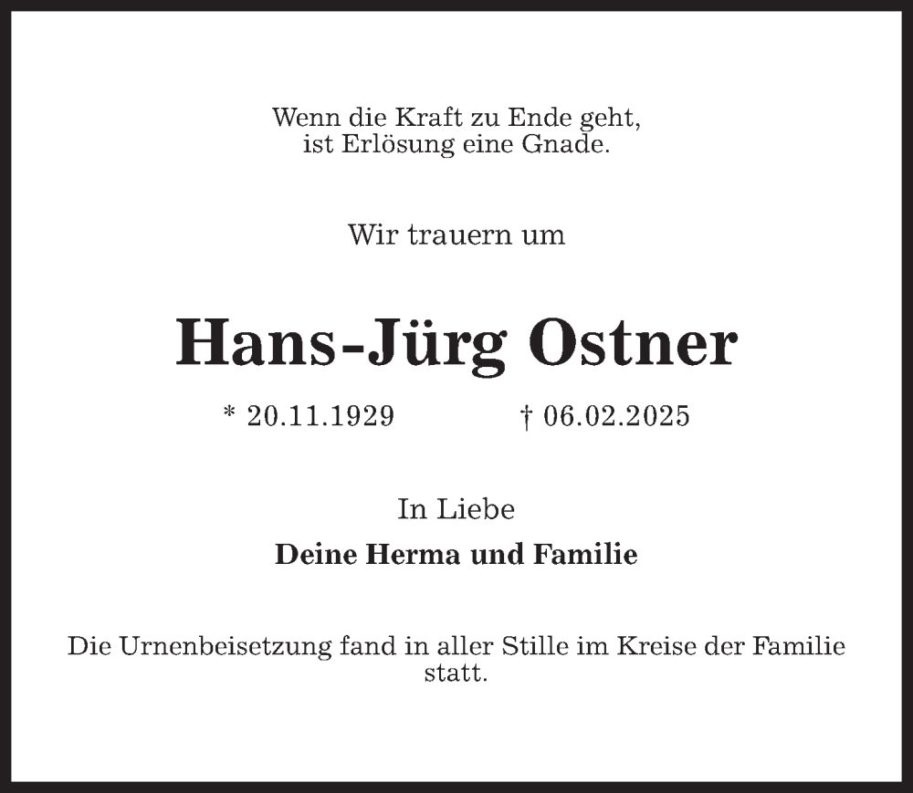  Traueranzeige für Hans-Jürg Ostner vom 08.03.2025 aus Hannoversche Allgemeine Zeitung/Neue Presse