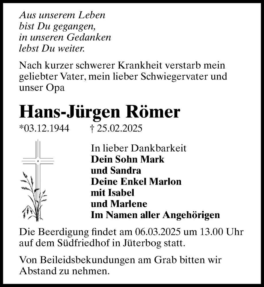  Traueranzeige für Hans-Jürgen Römer vom 01.03.2025 aus Märkischen Allgemeine Zeitung