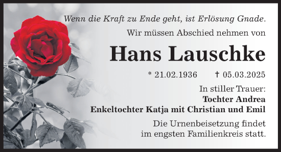 Traueranzeige von Hans Lauschke von Sächsische Zeitung