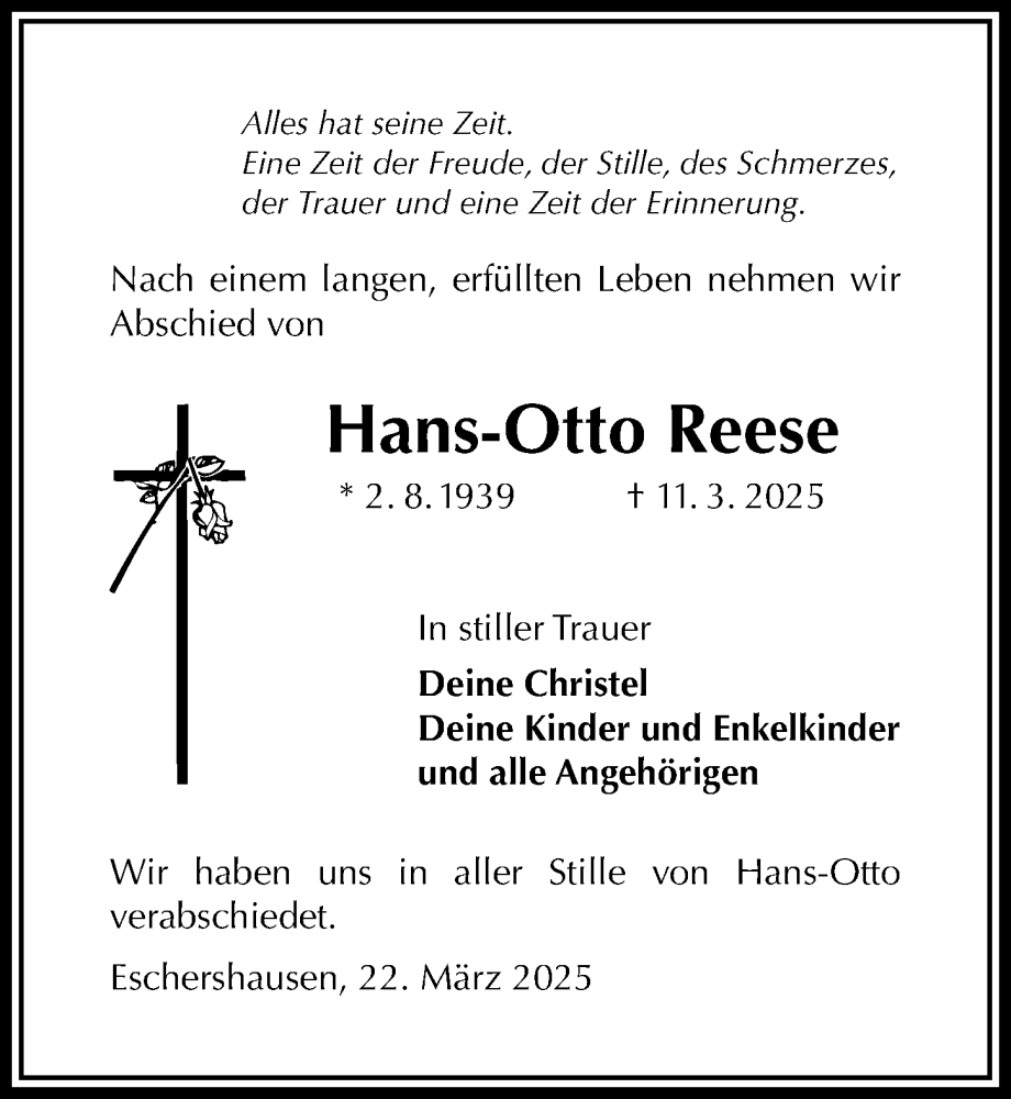  Traueranzeige für Hans-Otto Reese vom 22.03.2025 aus Täglicher Anzeiger Holzminden