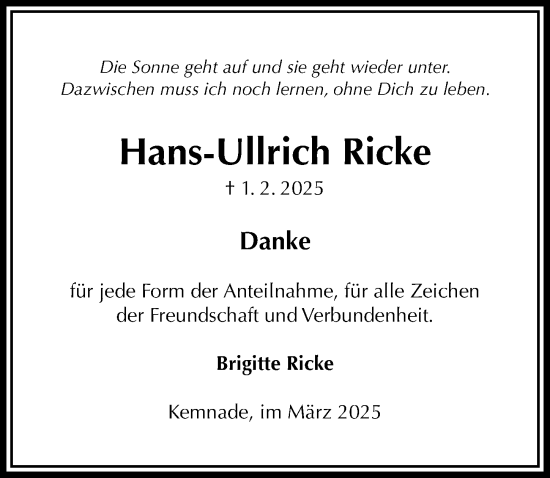 Traueranzeige von Hans-Ullrich Ricke von Täglicher Anzeiger Holzminden