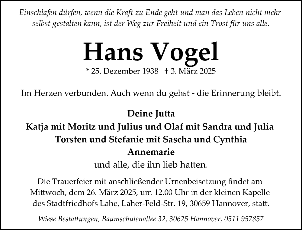  Traueranzeige für Hans Vogel vom 22.03.2025 aus Hannoversche Allgemeine Zeitung/Neue Presse