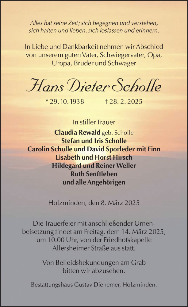  Traueranzeige für Hans Dieter Scholle vom 08.03.2025 aus Täglicher Anzeiger Holzminden