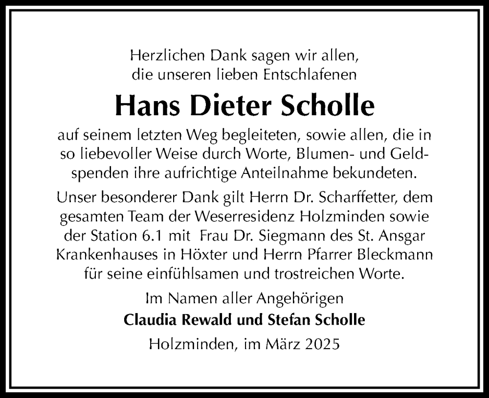  Traueranzeige für Hans Dieter Scholle vom 29.03.2025 aus Täglicher Anzeiger Holzminden