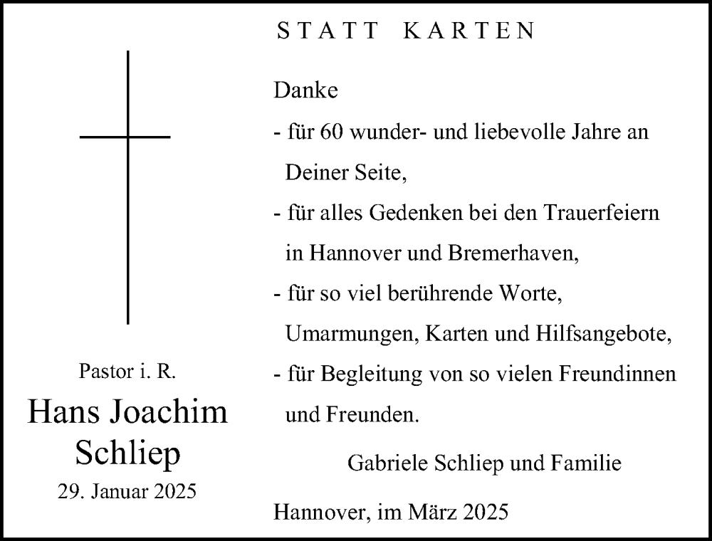  Traueranzeige für Hans Joachim Schliep vom 01.03.2025 aus Hannoversche Allgemeine Zeitung/Neue Presse