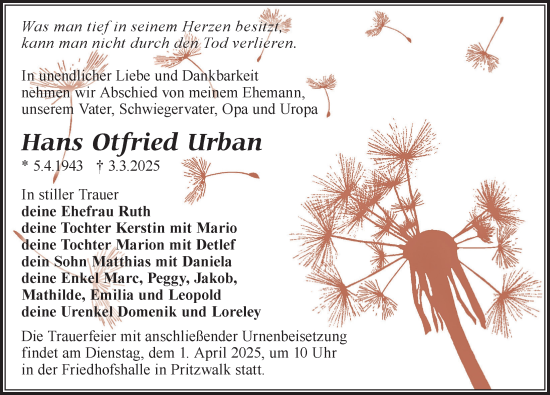 Traueranzeige von Hans Otfried Urban von Wochenspiegel
