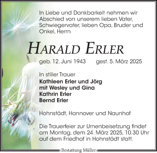 Traueranzeige von Harald Erler von Leipziger Volkszeitung