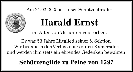 Traueranzeige von Harald Ernst von Peiner Allgemeine Zeitung