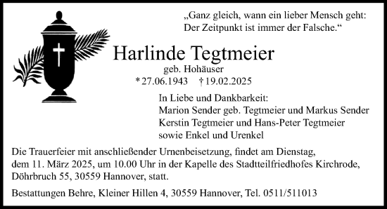 Traueranzeige von Harlinde Tegtmeier von Hannoversche Allgemeine Zeitung/Neue Presse