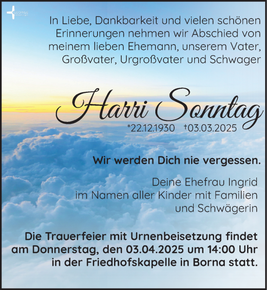 Traueranzeige von Harri Sonntag von Leipziger Volkszeitung