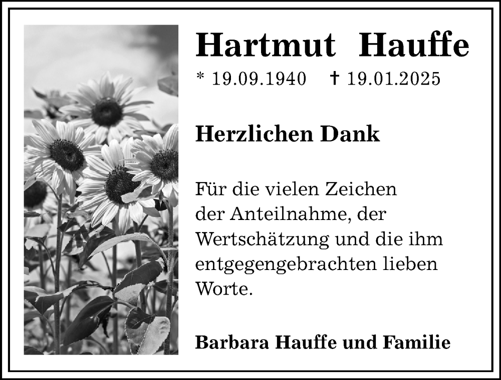  Traueranzeige für Hartmut Hauffe vom 15.03.2025 aus Sächsische Zeitung