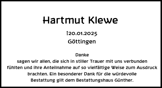 Traueranzeige von Hartmut Klewe von Göttinger Tageblatt