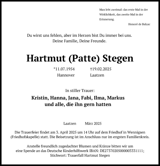 Traueranzeige von Hartmut Stegen von Hannoversche Allgemeine Zeitung/Neue Presse