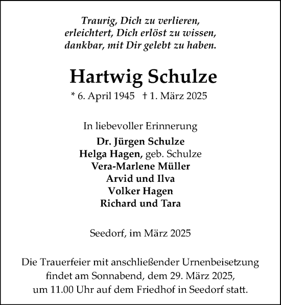 Traueranzeige von Hartwig Schulze von Wochenspiegel