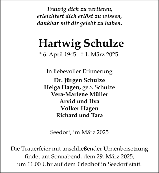 Traueranzeige von Hartwig Schulze von Wochenspiegel