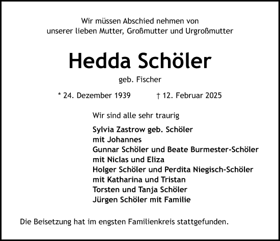 Traueranzeige von Hedda Schöler von Lübecker Nachrichten