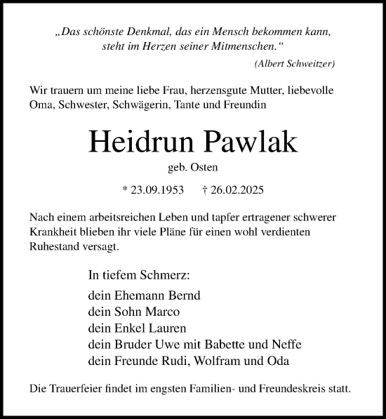 Traueranzeige von Heidrun Pawlak von Ostsee-Zeitung GmbH