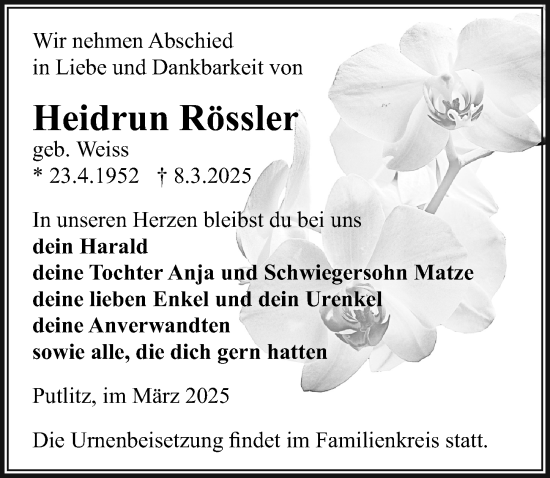 Traueranzeige von Heidrun Rössler von Wochenspiegel