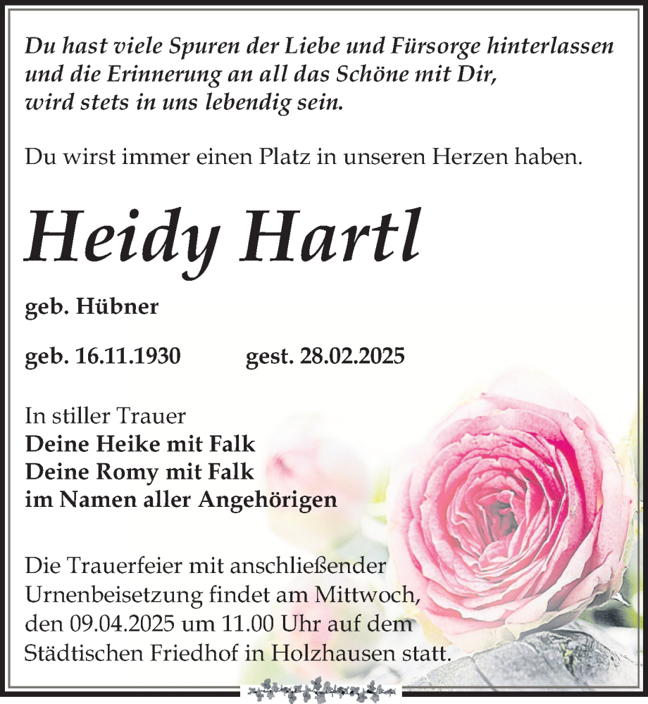  Traueranzeige für Heidy Hartl vom 15.03.2025 aus Leipziger Volkszeitung