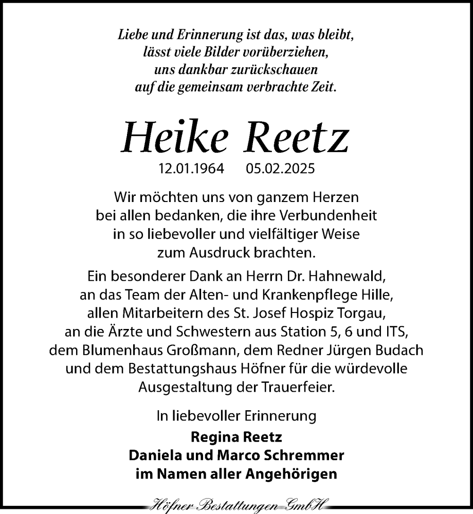  Traueranzeige für Heike Reetz vom 22.03.2025 aus Torgauer Zeitung